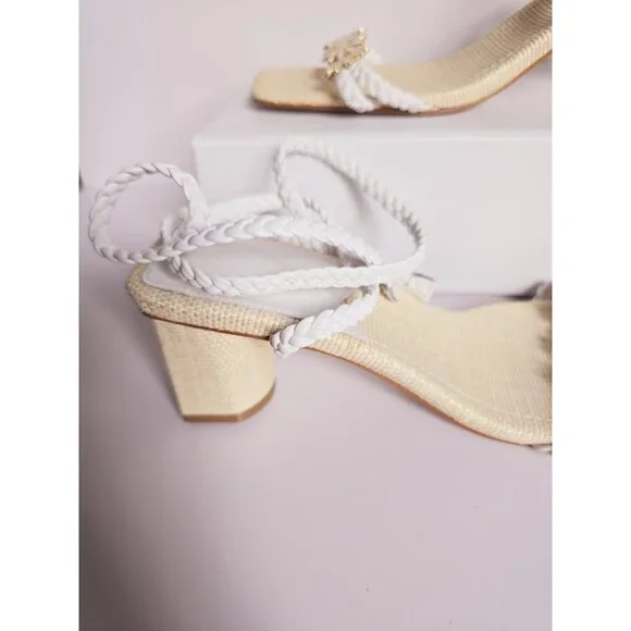 Schutz Hina Daisy Fairy Rafia Floral Lace Up White Block Heels Sandals Shoes 7.5 - Picture 5 of 14